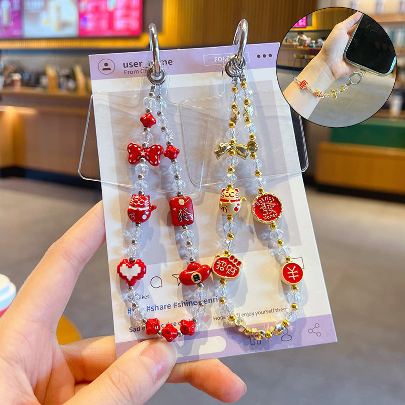 Handmade DIY New Year's Metal Beckoning Cat Beaded Mobile Phone Chain Pendant New Year Bag Keychain Charm Accessories