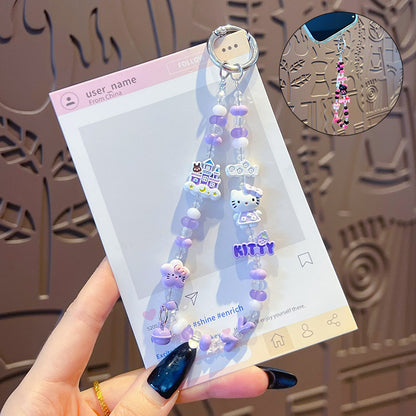 Handmade KT beaded alloy mobile phone chain pendant creative DIY Hello Kitty high-end sense bag keychain pendant