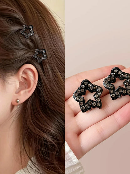 High-end black metallic star-shaped hairpins for women, new bangs side clip, princess hairstyle, small claw pin, rhinestone hairpin