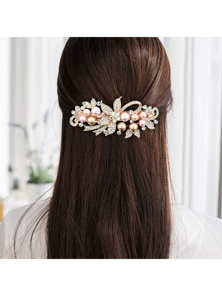 Elegant pearl rhinestone gold hair clip, new women's high-end flash rhinestone off-line spring clip, back hair updo