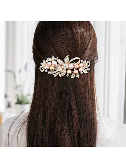 Elegant pearl rhinestone gold hair clip, new women's high-end flash rhinestone off-line spring clip, back hair updo