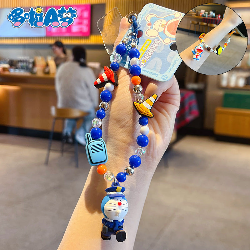 Genuine Doraemon beaded dopamine mobile phone chain pendant cute bag doll keychain charm accessories