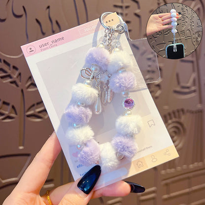 Handmade DIY Fur Ball Beaded Mobile Phone Chain Pendant Accessories Creative Car Bag Keychain High-end Sense Charm