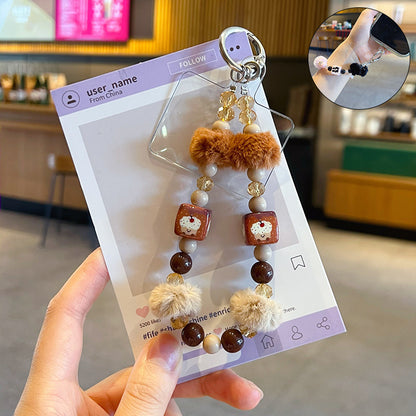 Handmade DIY Fur Ball Beaded Mobile Phone Chain Pendant Creative Car Bag Keychain Phone Case Accessories Charm