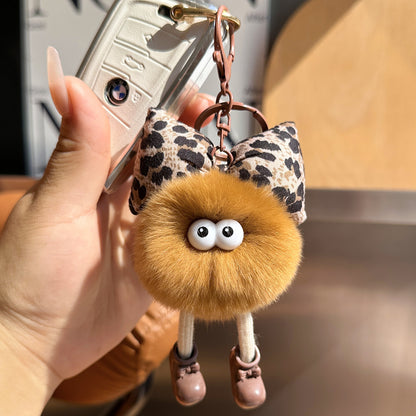 Wholesale Cute Leopard Print Bow Imitation Otter Rabbit Small Briquette Car Keychain Pendant Plush Pomball School Bag Charm