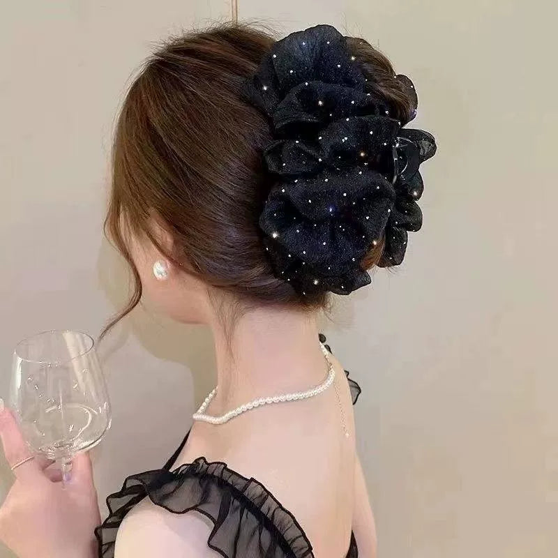 Korean high-end mesh bow claw clip for women, sophisticated and fashionable new back hair updo clip, shark clip