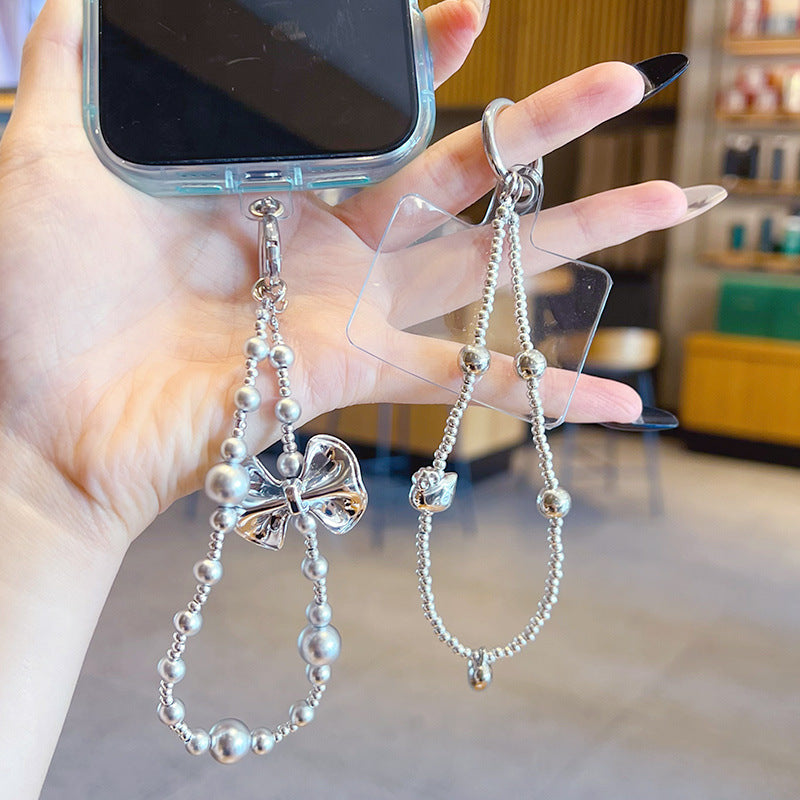 Original DIY silver bow beaded mobile phone chain pendant creative couple miu series bag keychain small pendant