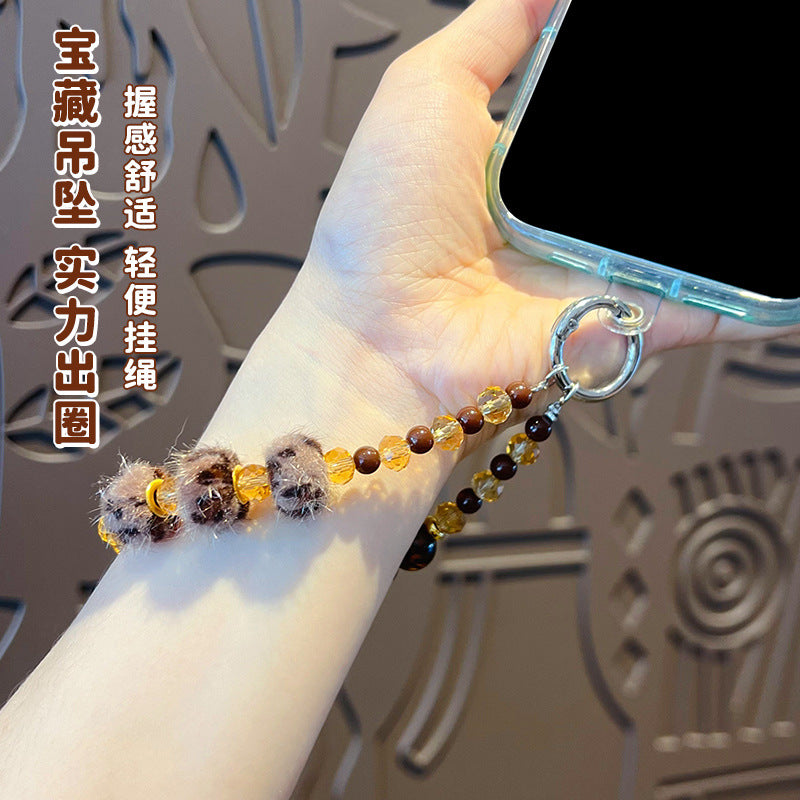Creative DIY leopard print autumn and winter beaded mobile phone chain high-end keychain pendant women's ins car bag pendant