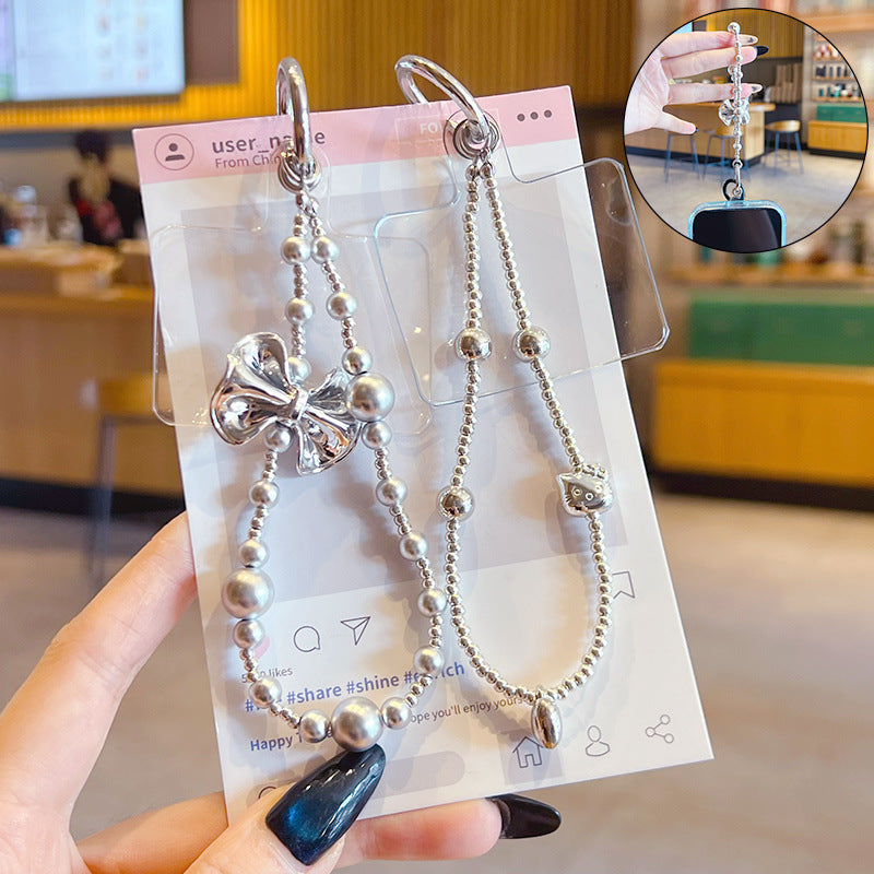 Original DIY silver bow beaded mobile phone chain pendant creative couple miu series bag keychain small pendant