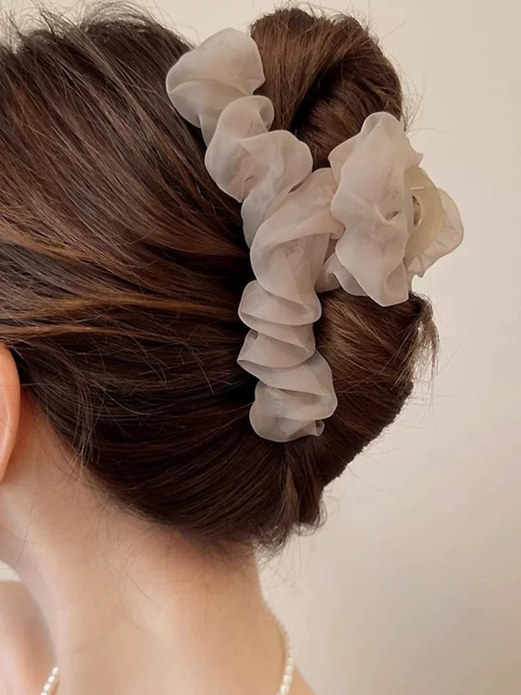 Korean Style Super Fairy Pleated Mesh Claw Clip for Women, 2026 New Large Shark Hair Clip at the Back of the Head, Updo Hair Clip