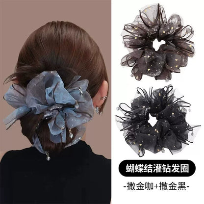 High-end rhinestone mesh bow hair tie for women, high hair volume, elastic sequins for accents, small pendants, hair tie hair accessories