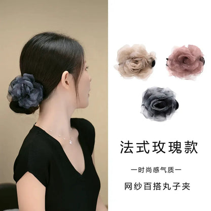 Korean-style gentle and elegant chiffon floral bun clip, light luxury temperament, high-end hair clip, bun head claw clip at the back of the head