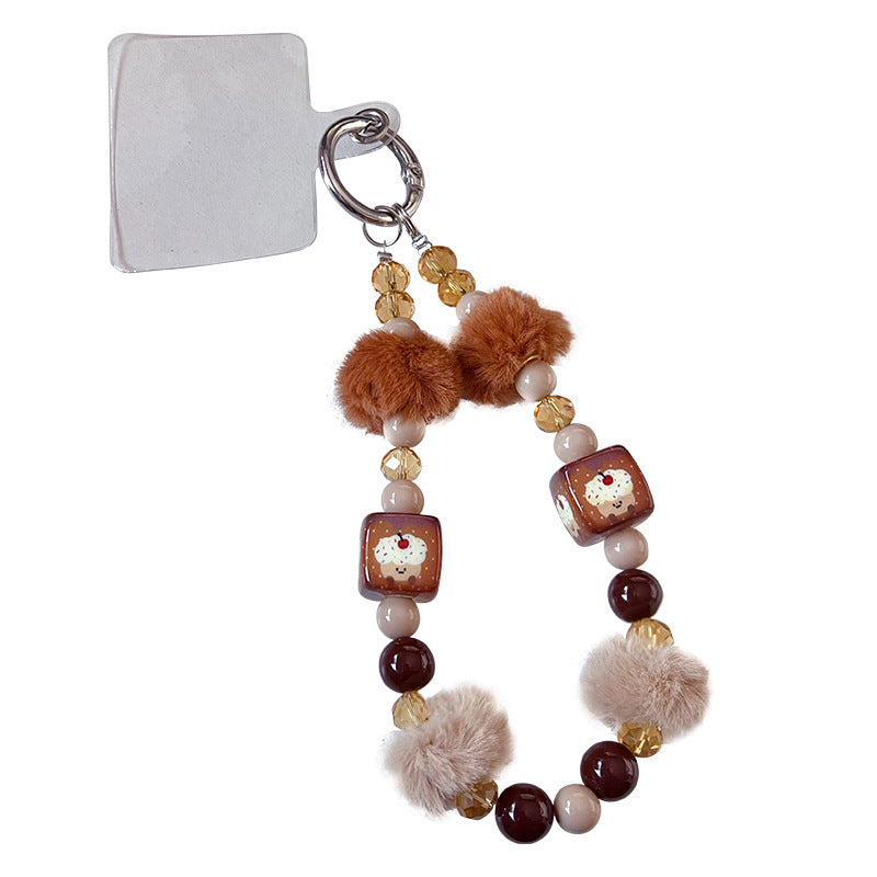 Handmade DIY Fur Ball Beaded Mobile Phone Chain Pendant Creative Car Bag Keychain Phone Case Accessories Charm