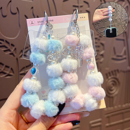 Handmade DIY Fur Ball Beaded Mobile Phone Chain Pendant Accessories Creative Car Bag Keychain High-end Sense Charm