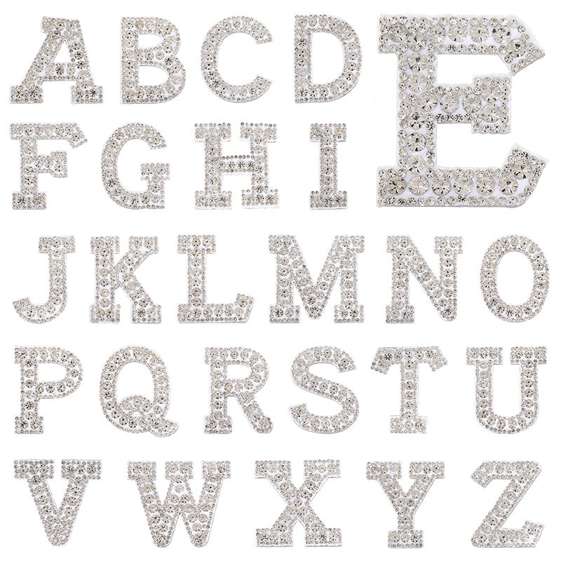 Full diamond letters DIY clothing accessories, white rhinestone hot simmer patches, hot patch English 26 letters