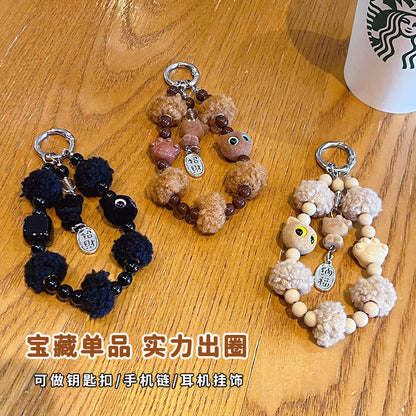 Original handmade DIY flocked cat beaded mobile phone chain keychain bag small pendant mobile phone case charm accessories