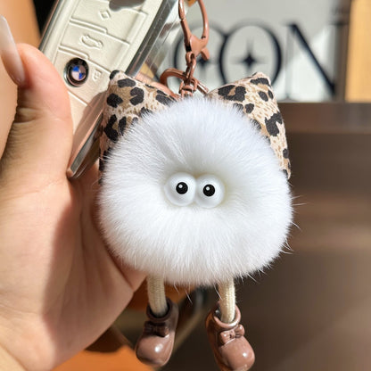 Wholesale Cute Leopard Print Bow Imitation Otter Rabbit Small Briquette Car Keychain Pendant Plush Pomball School Bag Charm