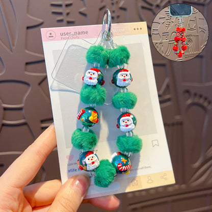 DIY Santa Claus Fur Ball Beaded Mobile Phone Chain Hanging Women's Bag Keychain Charm Christmas Gifts