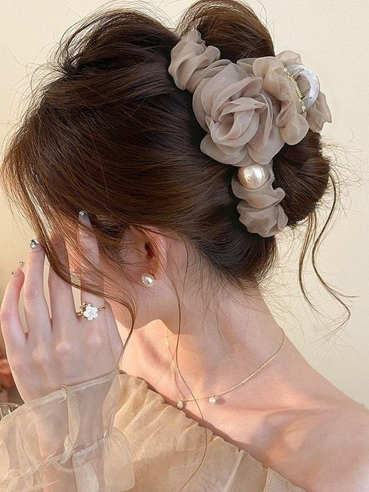 Mesh flower pearl hair grapple clip women's high-end sense 2026 new back of the head plate hairpin shark clip hair accessory