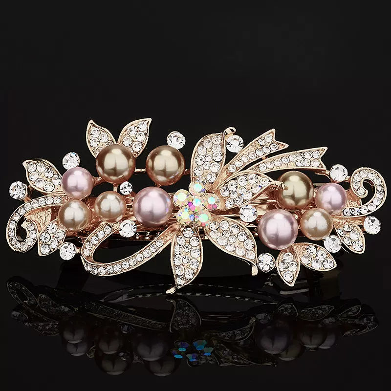 Elegant pearl rhinestone gold hair clip, new women's high-end flash rhinestone off-line spring clip, back hair updo