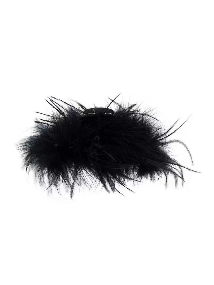 Black feather claw clip for women, high-end 2026 new style, large size ostrich feather shark clip, back of head updo hair clip