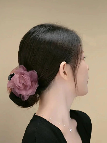 Korean-style gentle and elegant chiffon floral bun clip, light luxury temperament, high-end hair clip, bun head claw clip at the back of the head