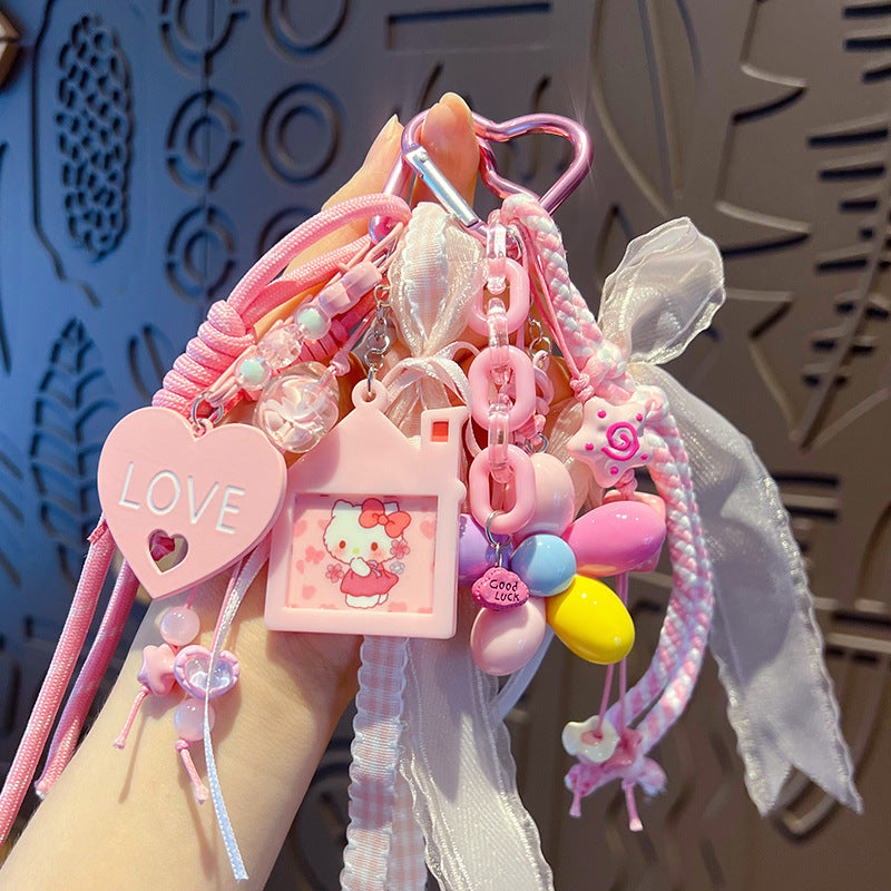 Handmade DIY pink bracelet keychain small pendant creative simple miu tie bag pendant beaded keychain accessories