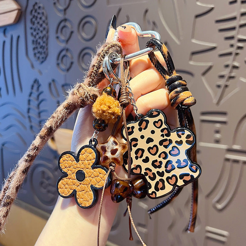 Handmade DIY Maillard leopard print bracelet keychain pendant plush beaded miu bag keychain small pendant