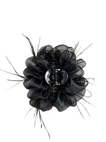 2026 New French Gentle Style Black Feather Organza Floral Claw Clip Elegant Shark Clamp High-End Headwear