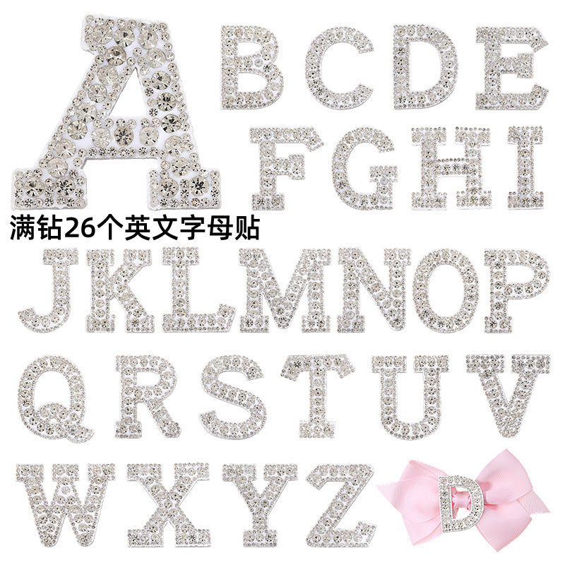 Full diamond letters DIY clothing accessories, white rhinestone hot simmer patches, hot patch English 26 letters