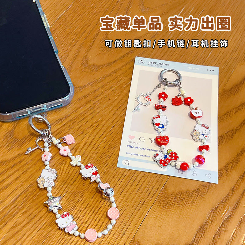 Creative DIY alloy KT cat beaded mobile phone chain pendant couple car keychain bag pendant doll accessories