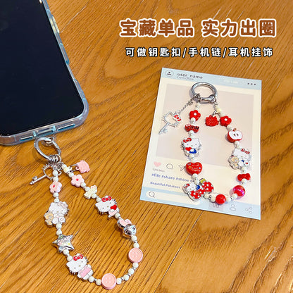 Creative DIY alloy KT cat beaded mobile phone chain pendant couple car keychain bag pendant doll accessories