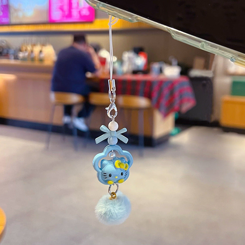 Handmade DIY Hello Kitty Cat Hair Ball Mobile Phone Chain Lanyard Couple Car Keychain KT Cat Bag Doll Small Pendant
