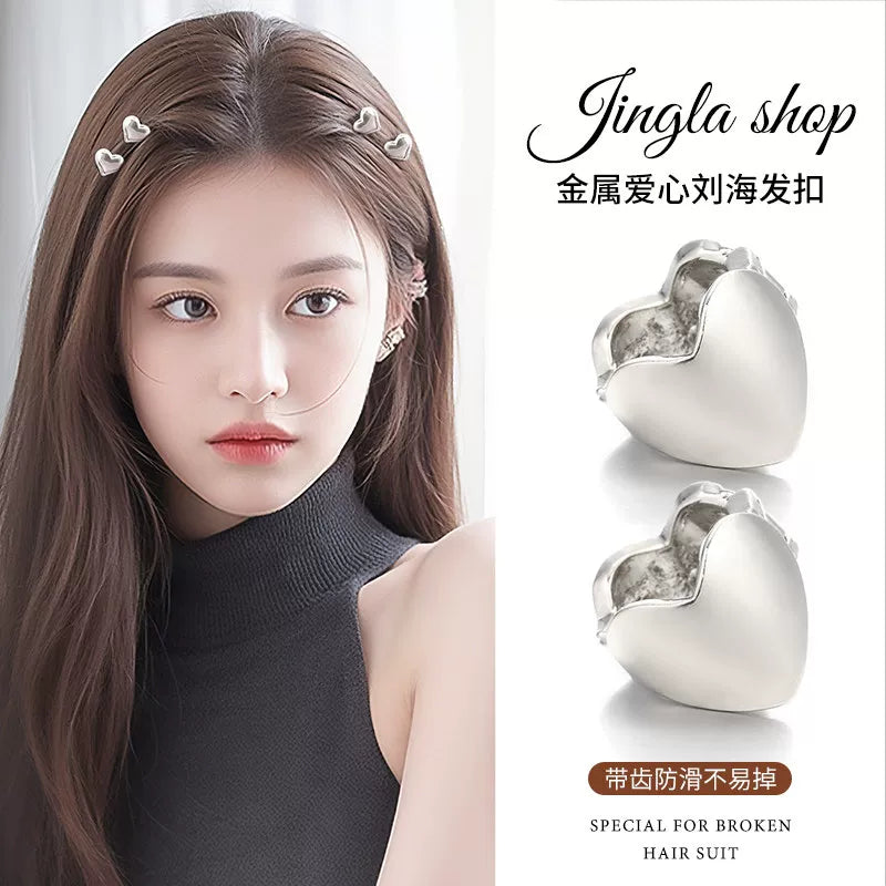 Silver heart-shaped metal hair clip for girls, princess hair mini clip, new style bangs side clip, hair accessory, children's braided hair buckle