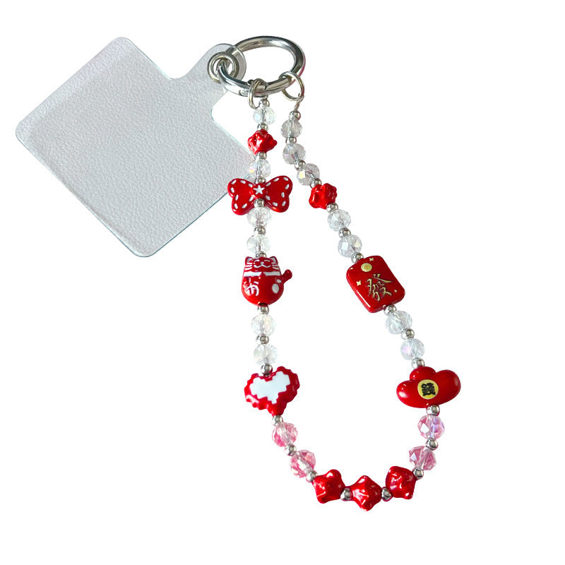 Handmade DIY New Year's Metal Beckoning Cat Beaded Mobile Phone Chain Pendant New Year Bag Keychain Charm Accessories