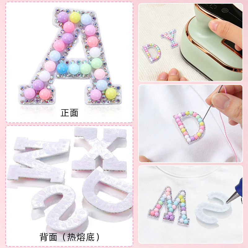 Macaron letter stickers, 26-letter English DIY accessories, clothing accessories, faux pearl and rhinestone appliqué set