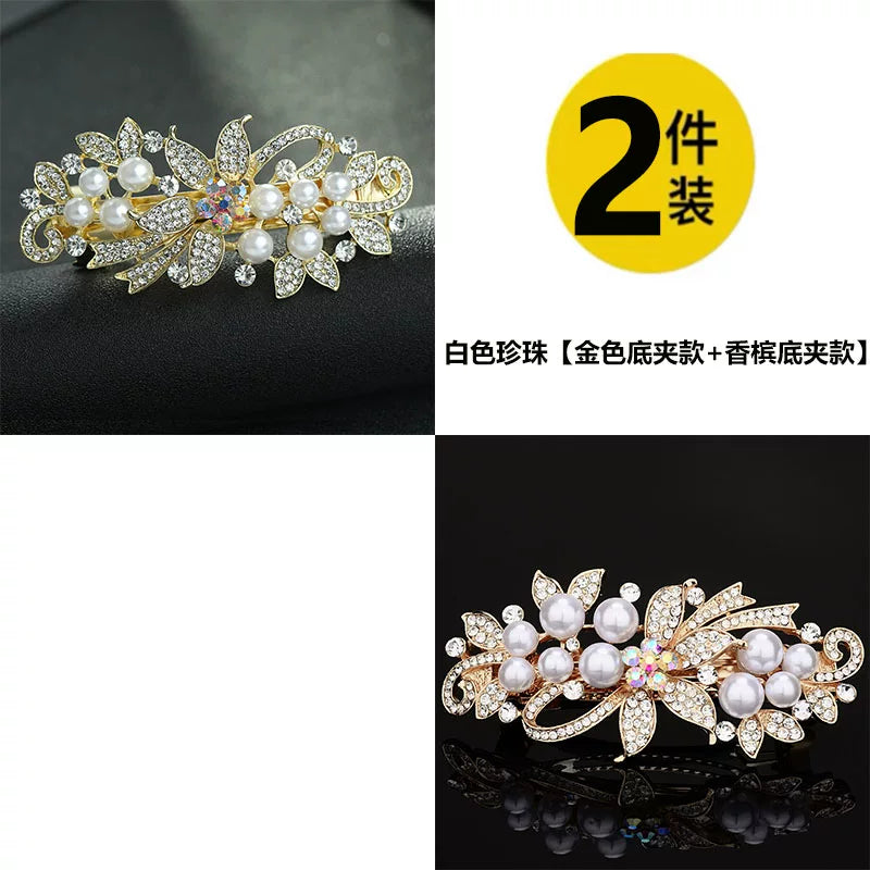 Elegant pearl rhinestone gold hair clip, new women's high-end flash rhinestone off-line spring clip, back hair updo