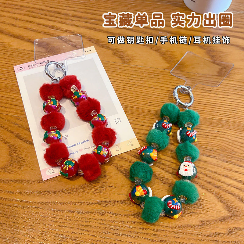DIY Santa Claus Fur Ball Beaded Mobile Phone Chain Hanging Women's Bag Keychain Charm Christmas Gifts