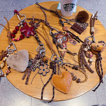 Handmade DIY Maillard leopard print bracelet keychain pendant plush beaded miu bag keychain small pendant