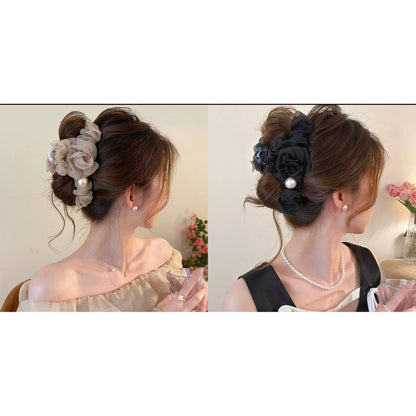 Mesh flower pearl hair grapple clip women's high-end sense 2026 new back of the head plate hairpin shark clip hair accessory