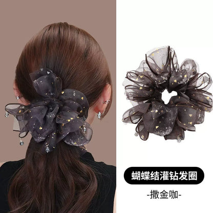 High-end rhinestone mesh bow hair tie for women, high hair volume, elastic sequins for accents, small pendants, hair tie hair accessories