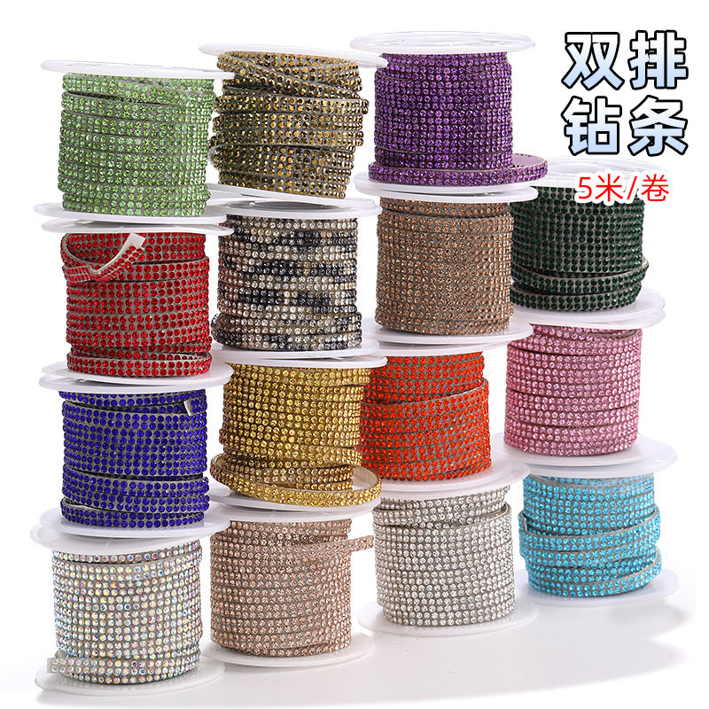 Double-row diamond with adhesive backing, 4mm chain, 5-meter roll of glass diamond chains, sparkling crystal water rhinestone jewelry, self-adhesive