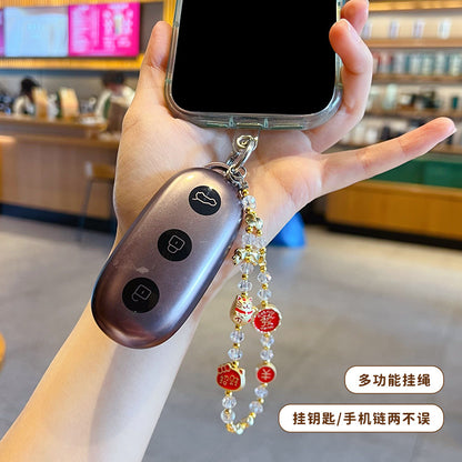 Handmade DIY New Year's Metal Beckoning Cat Beaded Mobile Phone Chain Pendant New Year Bag Keychain Charm Accessories