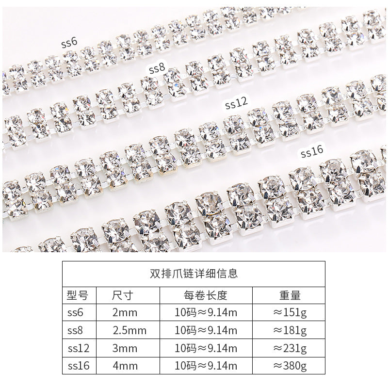 Cross-border new colorful double-row claw chain DIY accessories, diamond chains, gold and silver base, full roll diamond-mounted DIY clothing accessories