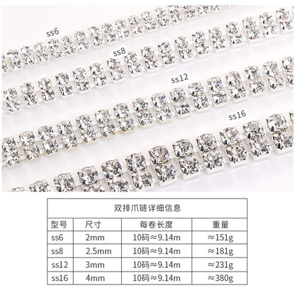 Cross-border new colorful double-row claw chain DIY accessories, diamond chains, gold and silver base, full roll diamond-mounted DIY clothing accessories