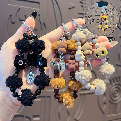 Original handmade DIY flocked cat beaded mobile phone chain keychain bag small pendant mobile phone case charm accessories