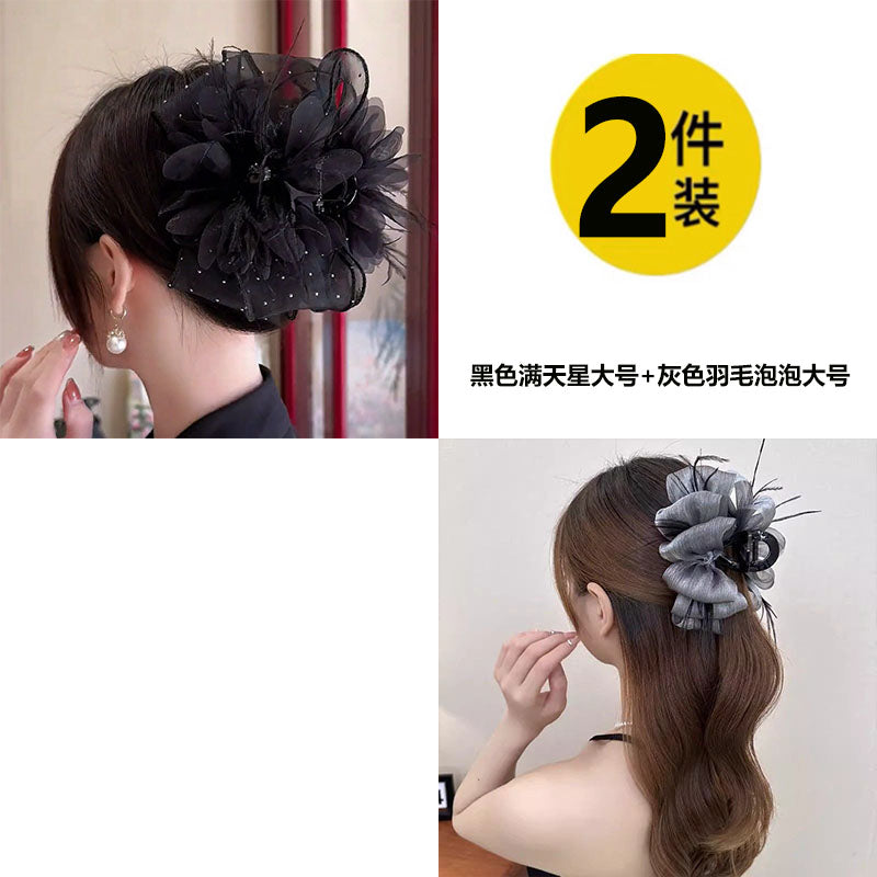 Elegant mesh bow hair clips for women, sophisticated and fashionable new feather claw clips with shark clips on the back of the head