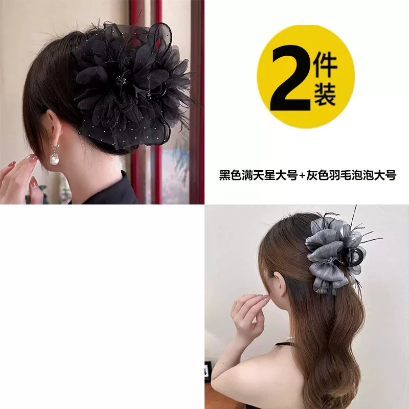 Korean high-end mesh bow claw clip for women, sophisticated and fashionable new back hair updo clip, shark clip