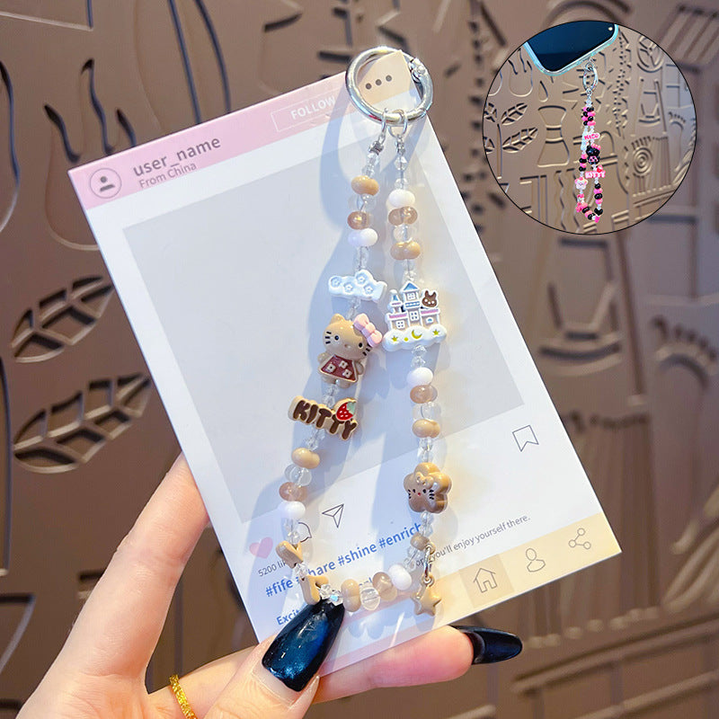 Handmade KT beaded alloy mobile phone chain pendant creative DIY Hello Kitty high-end sense bag keychain pendant