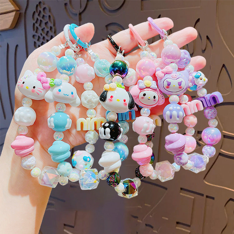 Creative Sanrio beaded mobile phone chain keychain female cute couple bag key chain doll small pendant wholesale